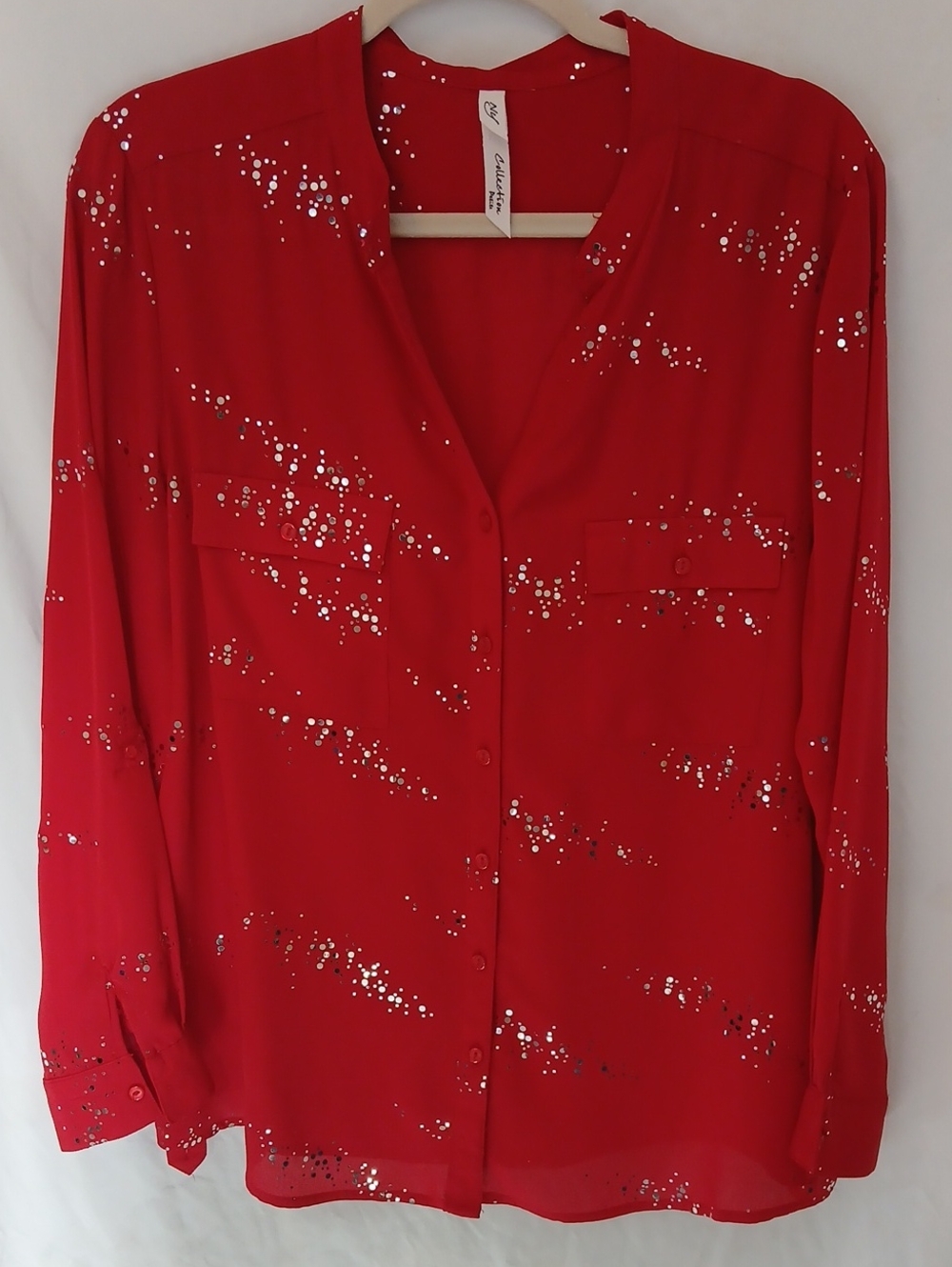Ny Collection Sequin-Accent Sparkly Red Button Down Blouse